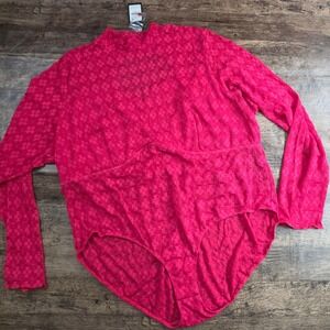 CITY CHIC Bodysuit Constance‎ Womens XXL Pop Pink Floral Lace Mock Neck